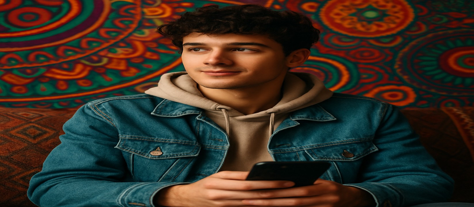 একজন ব্যক্তি সোফায় বসে স্মার্টফোনে 33bt অ্যাপটি ব্যবহার করছেন