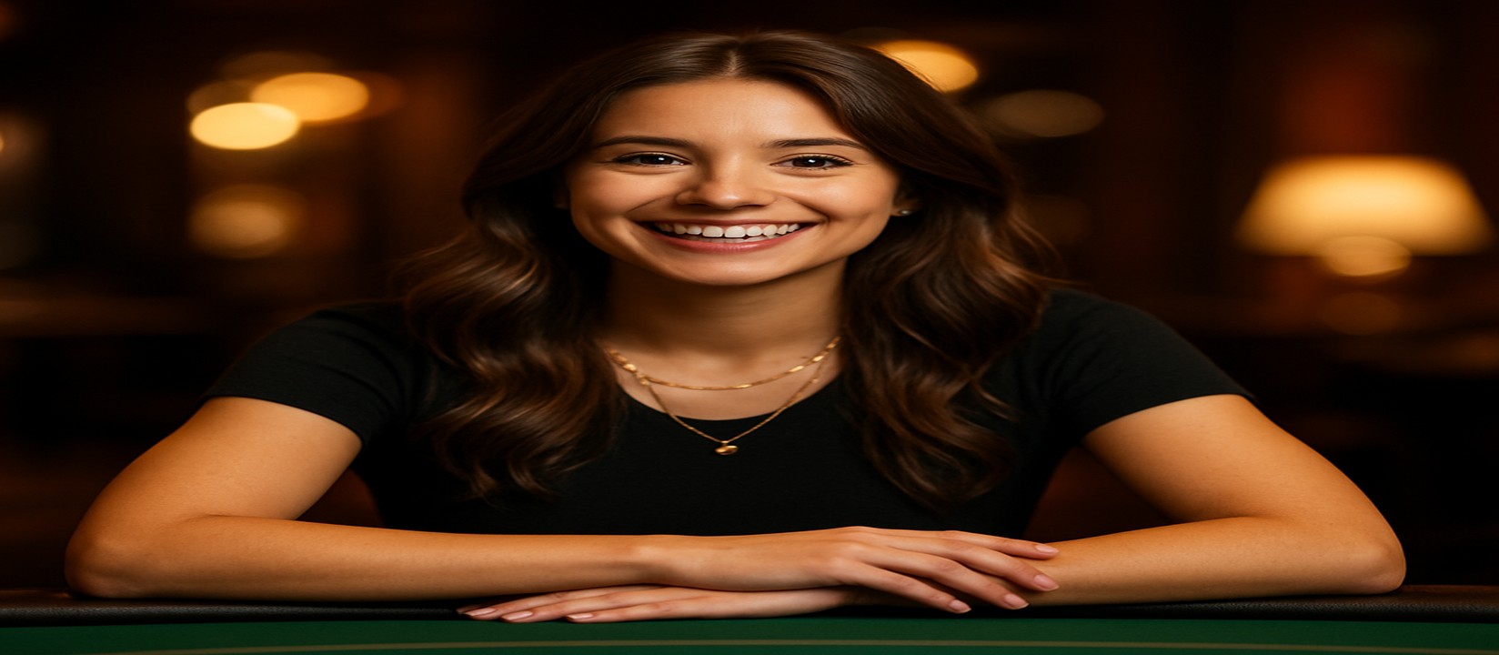 33bt-এর গেমিং প্ল্যাটফর্মে একটি হাসিখুশি নারী টেবিলের পাশে বসে, তাঁর সামনে খেলার সামগ্রী সাজানো থাকায় তিনি বিস্তৃত ধরনের খেলার বিকল্পসমূহ প্রস্তাব করেন