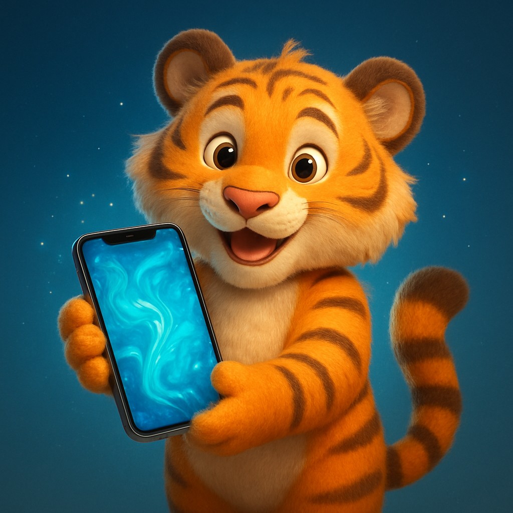 স্মার্টফোনে 33bt অ্যাপটি ব্যবহার করছে একটি কার্টুন বাঘশাবক