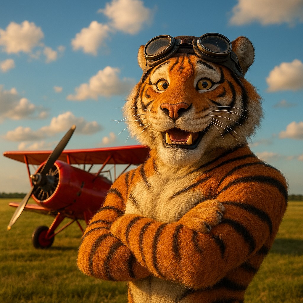 এভিয়েটর গেমের প্রতীক হিসেবে লাল বিমানের পাশে অবস্থান করা এক টাইগার পাইলট