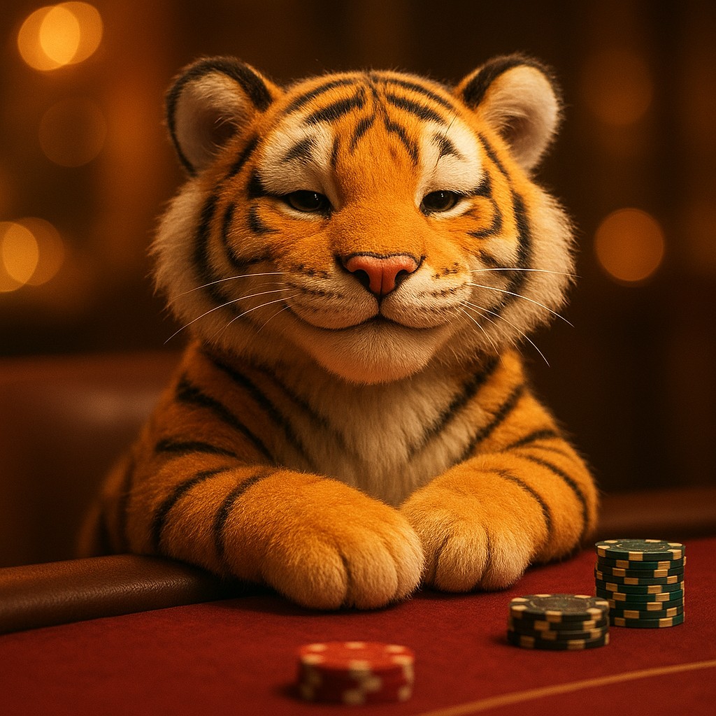 33bt গেমিং প্ল্যাটফর্মে খেলার টেবিলে টোকেন নিয়ে হাসিখুশি টাইগার Shাবক