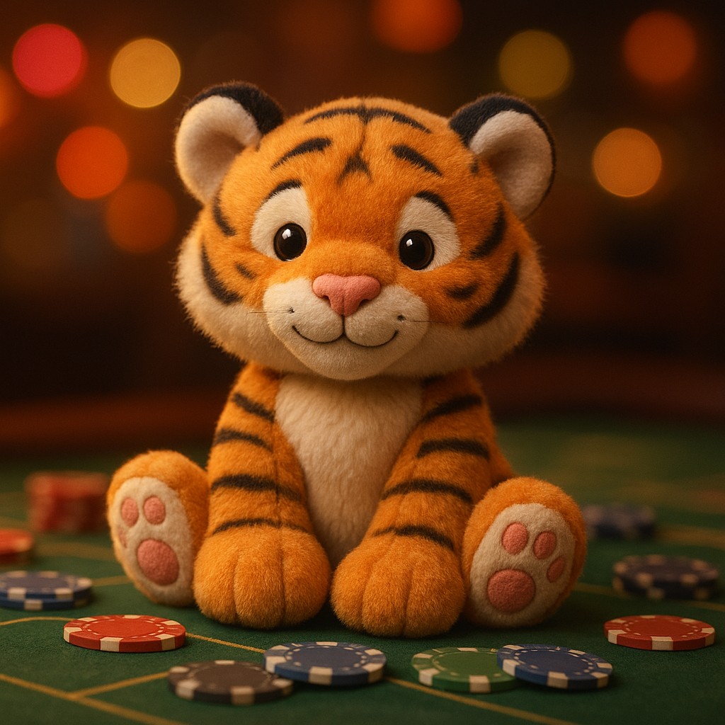 33bt–এর গেমিং প্ল্যাটফর্মে একটি ছোট বাঘের বাচ্ছা একটি টেবিলের পাশে খেলার জিনিসপত্র নিয়ে বসে আছে