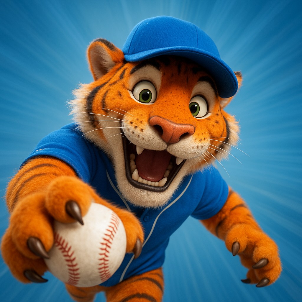 33bt cricket গেমিংয়ের প্রতীক হিসেবে ইউনিফর্ম পরা একটি আনন্দমুখর টাইগার শাবক, হাতে একটি বল ধরেছে