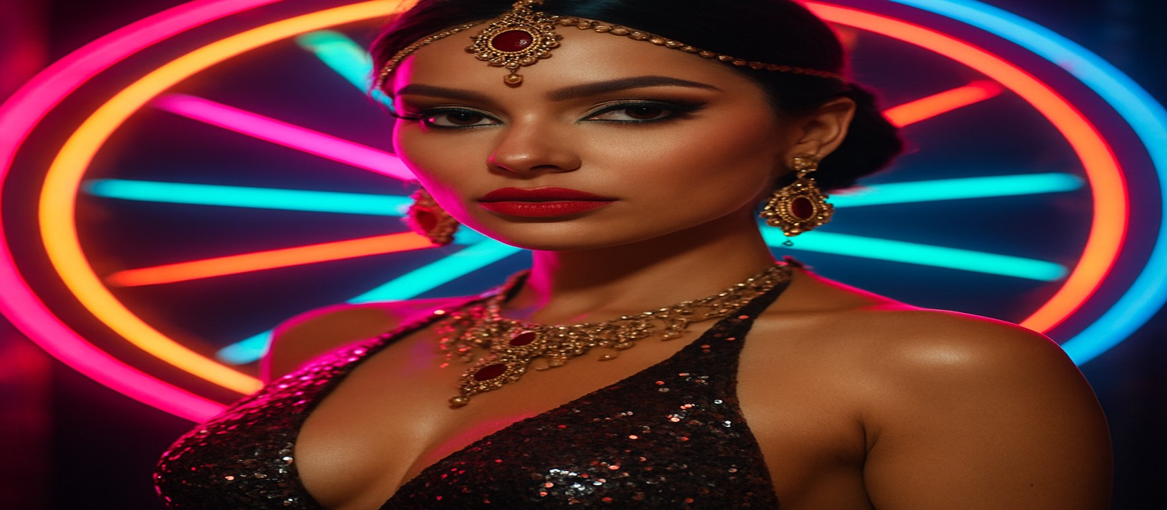 33bt রঙিন গেমিং প্ল্যাটফর্ম চাকার সামনে উজ্জ্বল পোশাকে এক নারী