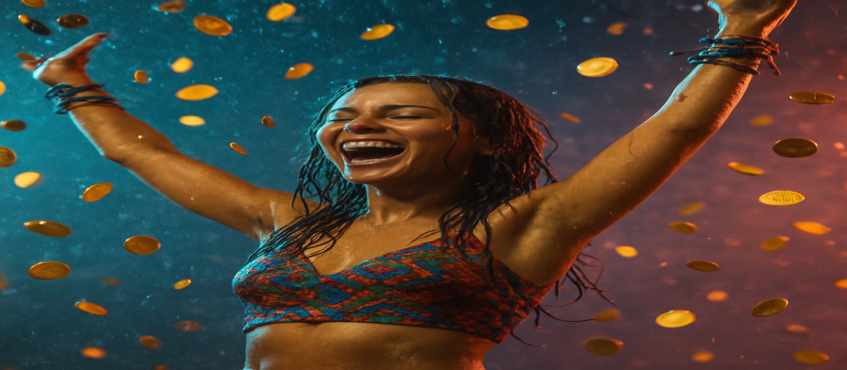 মুদ্রার ঝরনার মাঝে রঙিন পোশাকে একজন নারী